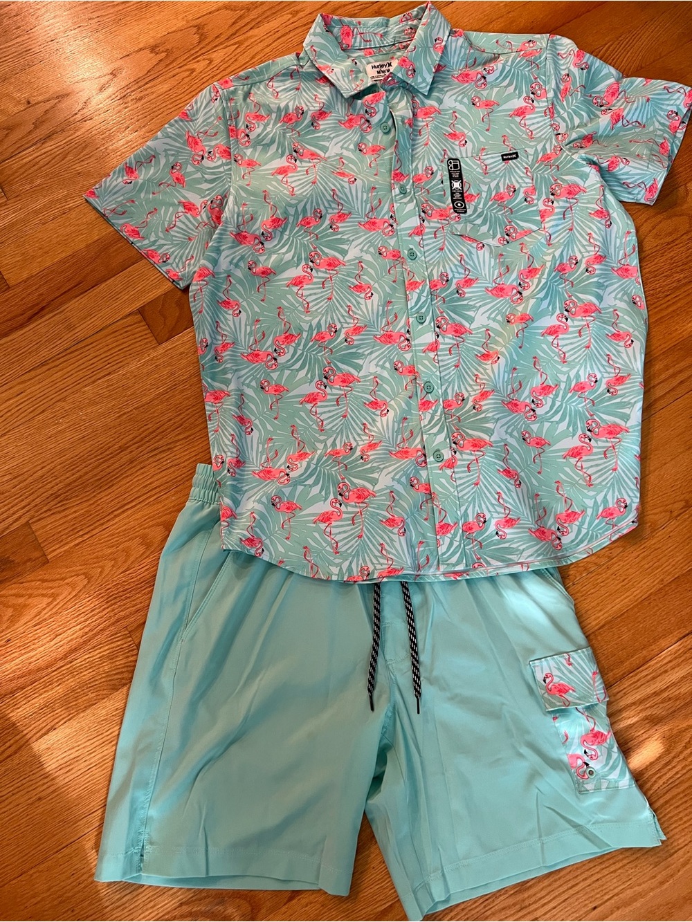 Hurley Aqua Flamingo Short Sleeve shirt & swim trunks Set - Mint & Pink